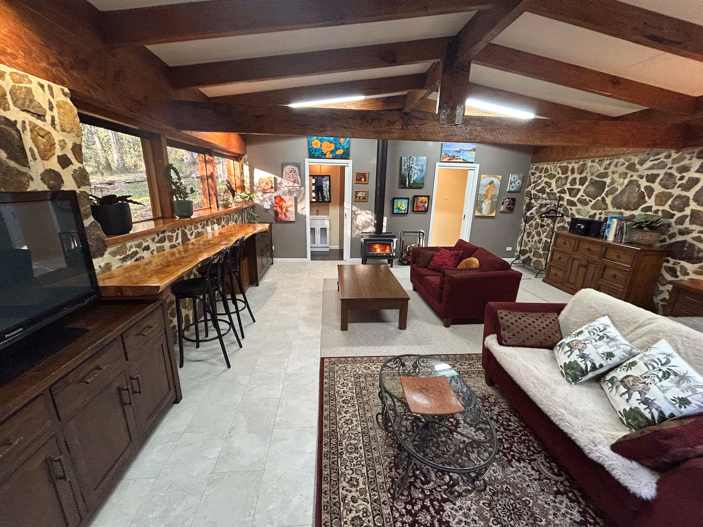 Stone Haven Yarra Valley spacious open plan studio with cosy fireplace